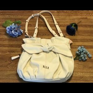 ELLE white shoulder bag, pink trim, statement bow.